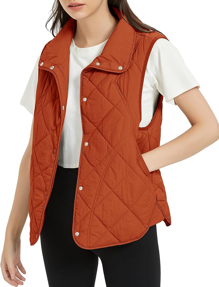 Flygo Women's Quilted Vest Stand Collar Lightweight Button Down Puffer Padded Outwear Gilet with Pockets