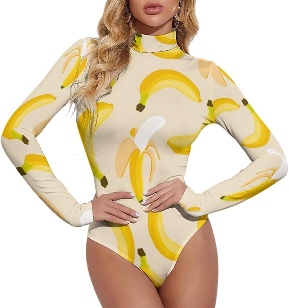 Banana Pattern Women's Bodysuit Tops Turtle Neck Long Sleeve Jumpsuit Print T Shirt