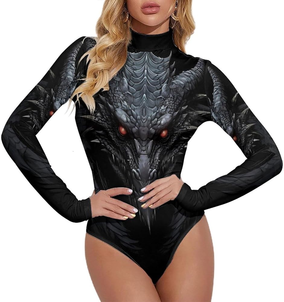 Dark Dragon in Stone Women's Bodysuit Tops Turtle Neck Long Sleeve Jumpsuit Print T Shirt