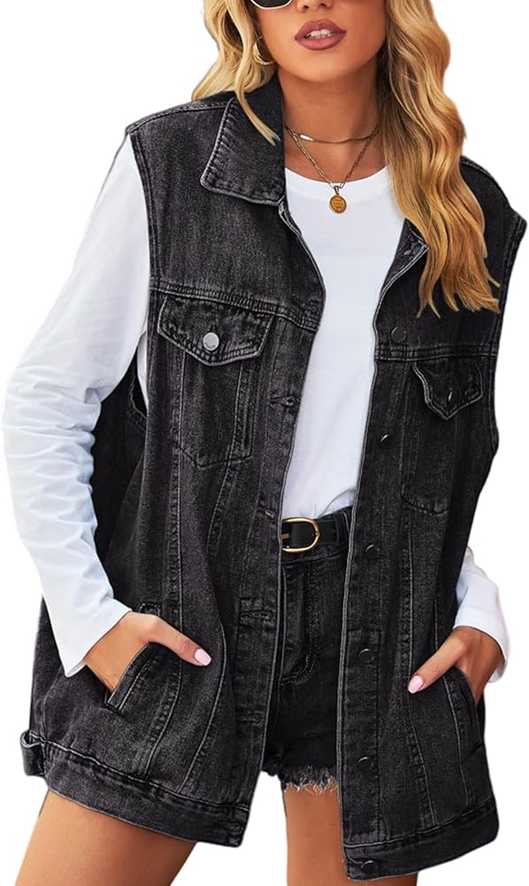 Women's Oversized Denim Vest Distressed Mid Long Sleeveless Jean Jacket Waistcoat with Pockets