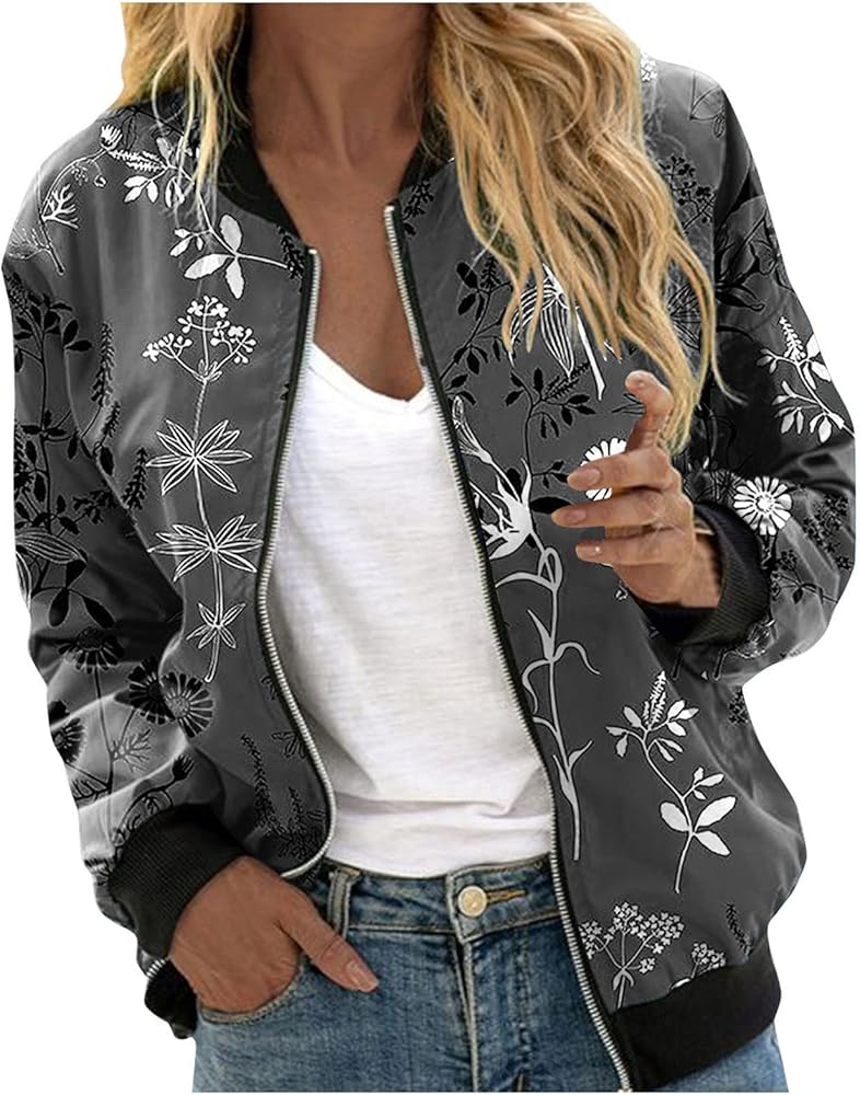 Women's Lightweight Bomber Biker Jacket Pocket Jacket Blouse Coat Baseball Top Outwear Bomber Coats with Pockets