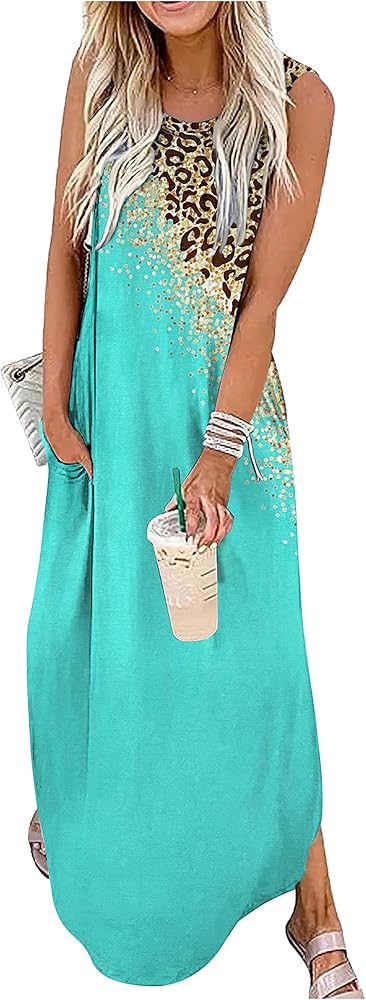 CHUNTIANRAN Women's Summer Maxi Dress Casual Loose Sundress Long Dress Sleeveless Vacation Beach Dresses with Pockets