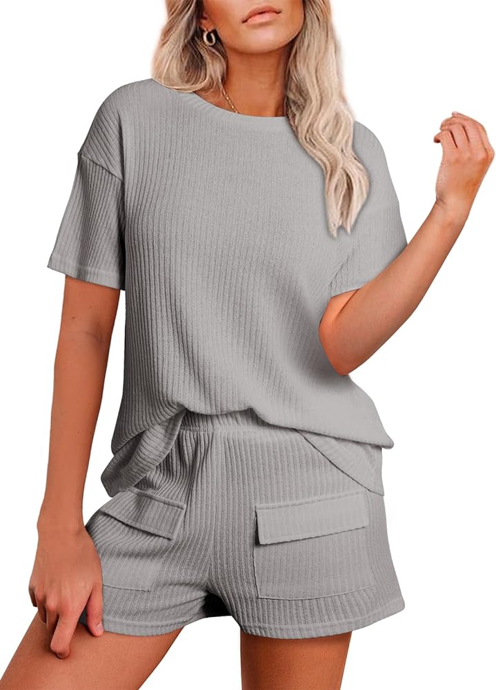 EVALESS Casual Lounge Sets for Women Rib Knit Two Piece Outfits Short Sleeve Tops and High Elastic Waist Shorts Pajama Sets