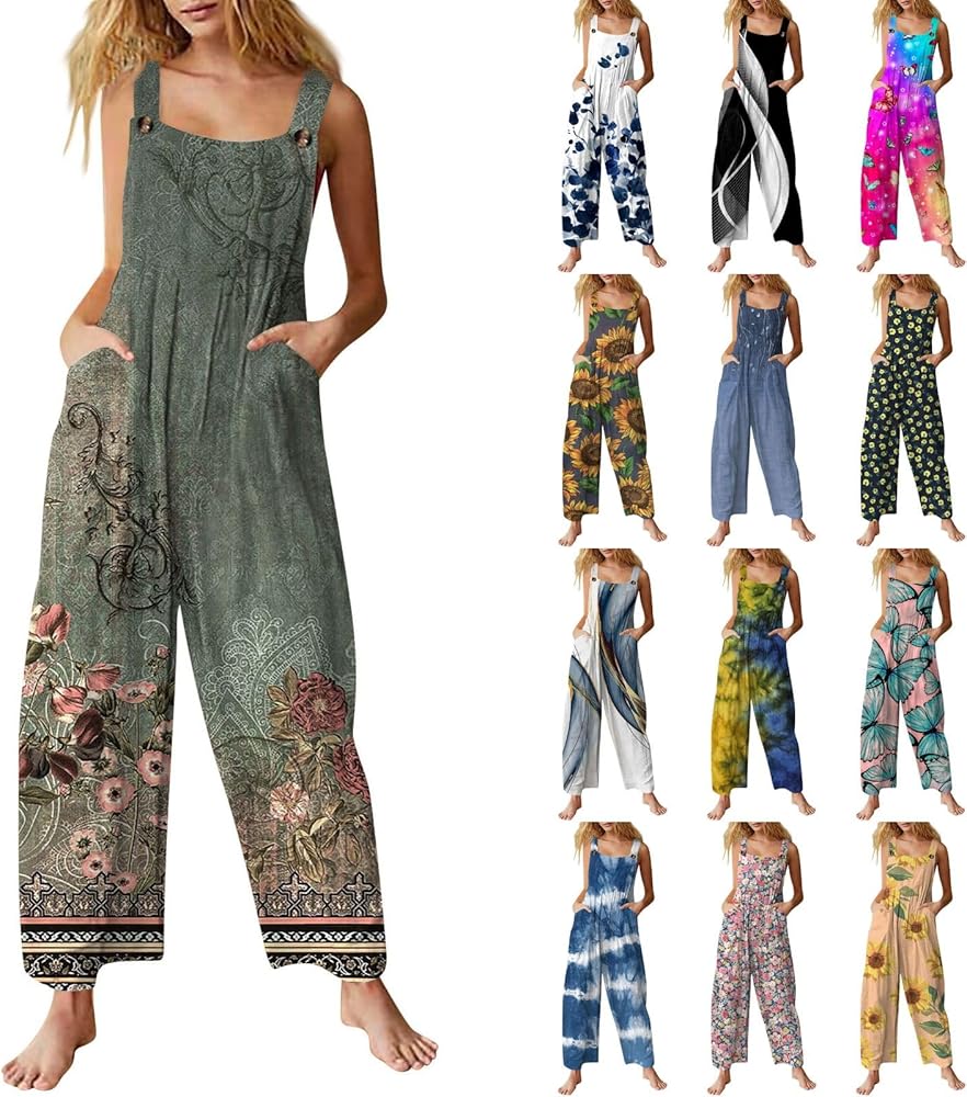 Jumpsuit for Women 2024 Dressy Casual Adjustable Straps Sleeveless Print Summer Cute Linen Rompers with Pocket