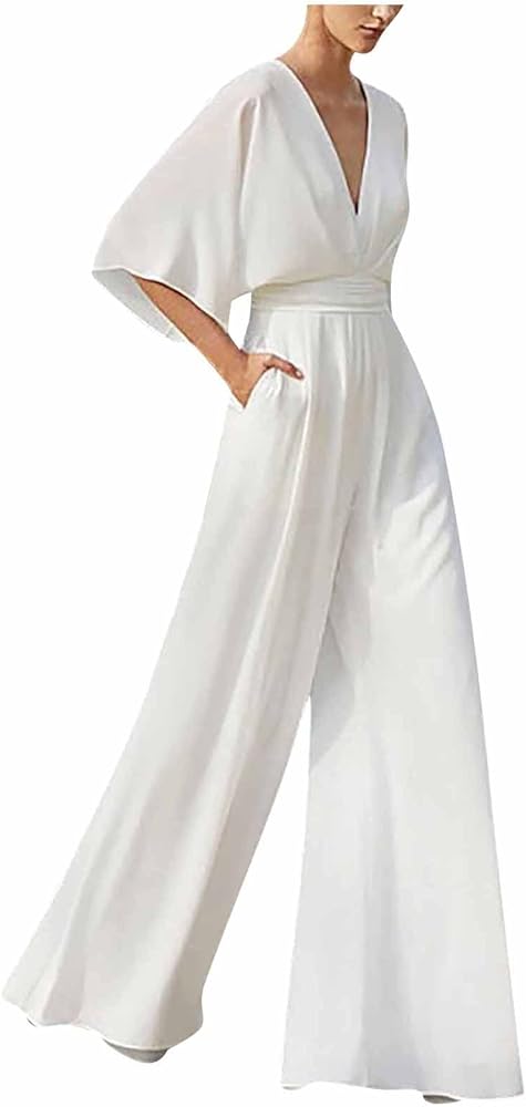 White Jumpsuit Woman,Dolman Sleeve Jumpsuit Wrapped V Neck Elegant for Womens Dressy Casual 2024 One Piece Romper