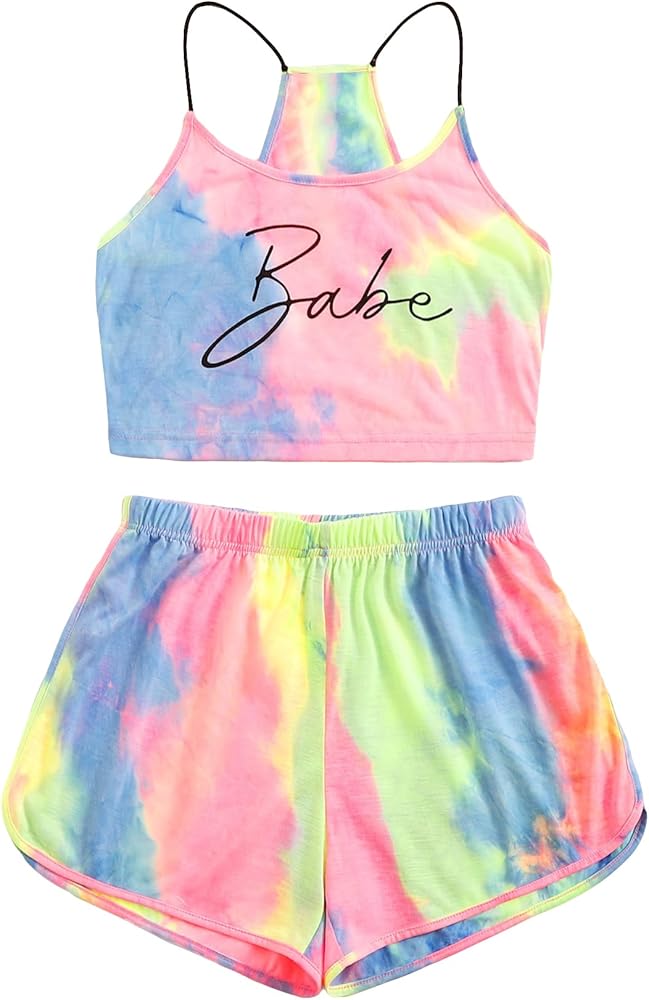 Verdusa Women's Casual 2 Piece Set Tie Dye Letter Cami Top Track Shorts Set