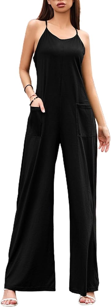 Women's Wide Leg Jumpsuits Sleeveless Spaghetti Strap Casual Long Pants with Pockets