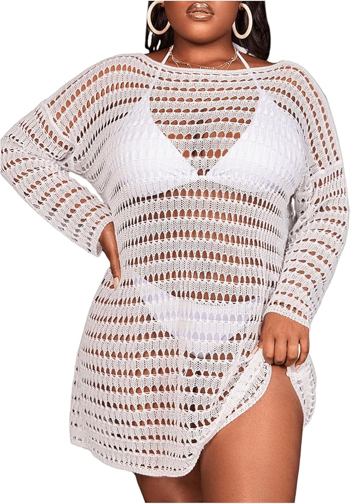 Milumia Women's Plus Size Drop Shoulder Long Sleeve Beach Dress Crochet Sheer Cover Up