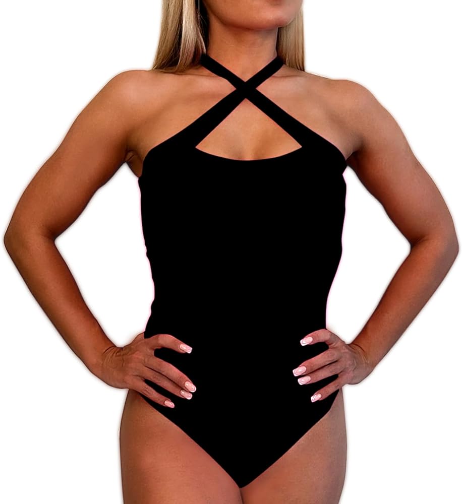 Bodysuit for Women with built in bra Criss Cross Halter Sleeveless Backless Fitting Jumpsuit Tank Top