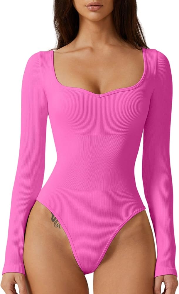 Meyeeka Women's Sweetheart Neck Bodysuit Long Sleeve Seamless Shirt Basic Stretch Tops