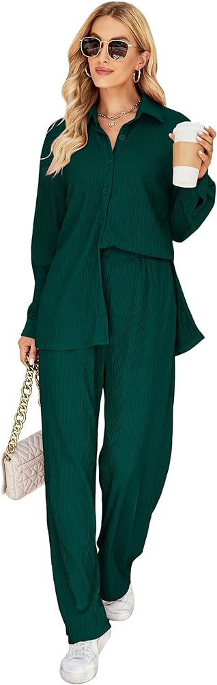 BLUEMING Women Two Piece Casual Outfits Y2K Loungewear Pleated Wide Leg Pants Long Sleeve Button Down Shirt Streetwear Set Dark Green M