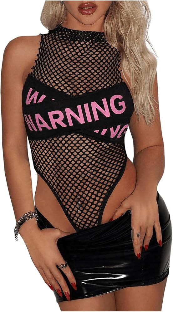 Women's Letter Printed Fishnet Mock Neck Mesh Sheer Bodysuits One Piece Party Bodysuit Tops