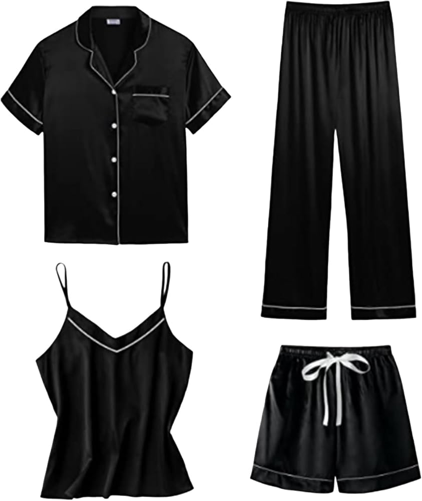 Womens 4pcs Pajamas Sets Silk Satin Sleepwear Sexy Cami with Button Down Short Sleeve Shirt Pjs Loungewear