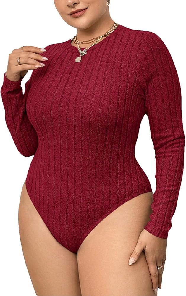 WDIRARA Women's 2pcs Plus Size Solid Ribbed Knit Bodysuit Round Neck Long Sleeve Slim Fit Tee Tops Bodysuit