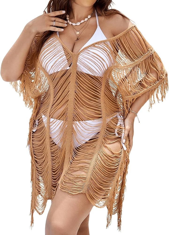 OYOANGLE Women's Plus Size Hollow Out Fringe Trim Swimsuit Cover Ups Deep V Neck Short Sleeve Beachwear