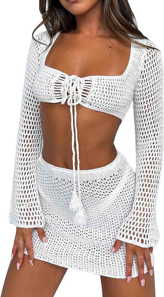 Sawden Women Y2k Crochet Knitted Two Piece Outfits Hollow Out Cami Top and High Waist Mini Skirt Beach Wear