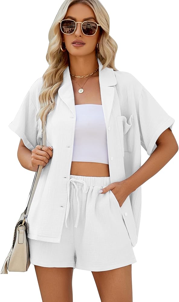 Flygo Two Piece Casual Outfits Short Sleeves Button Down Oversized Shirt and Shorts Sweatsuit Sets(White-XL)