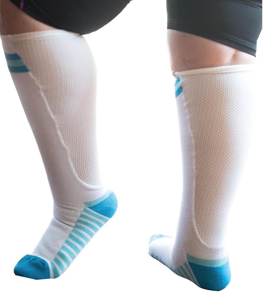 Xpandasox Womens Plus Size/Wide Calf Cotton Blend Cushioned Sport Socks White Blue