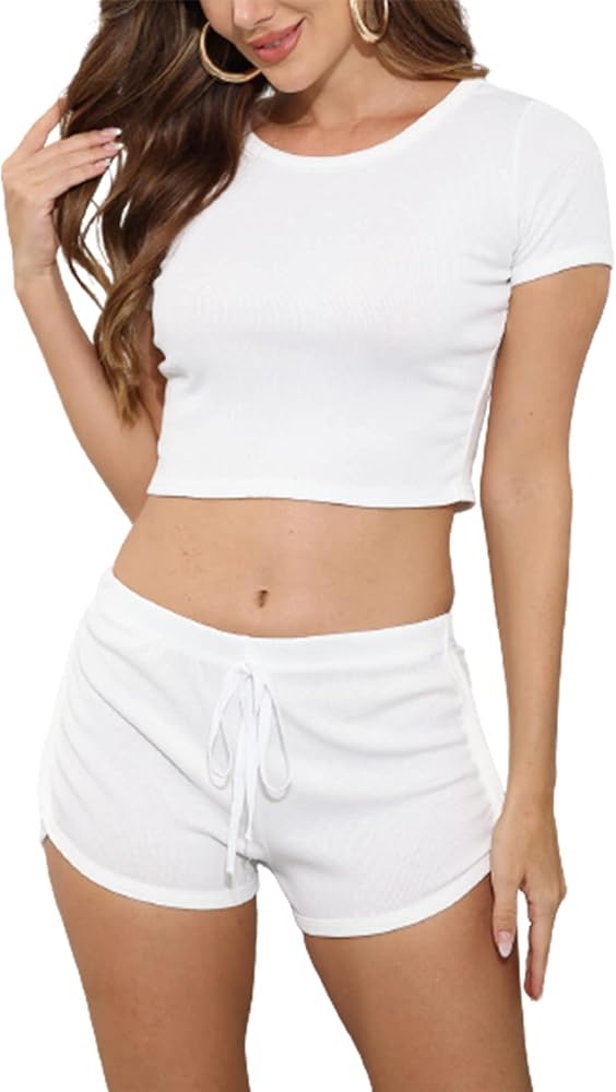 Outfits for Women 2 Piece Sets - Sexy Ribbed Short Sleeve Crop Tops + Skinny Shorts Yoga Outfits Tracksuit White X-Small