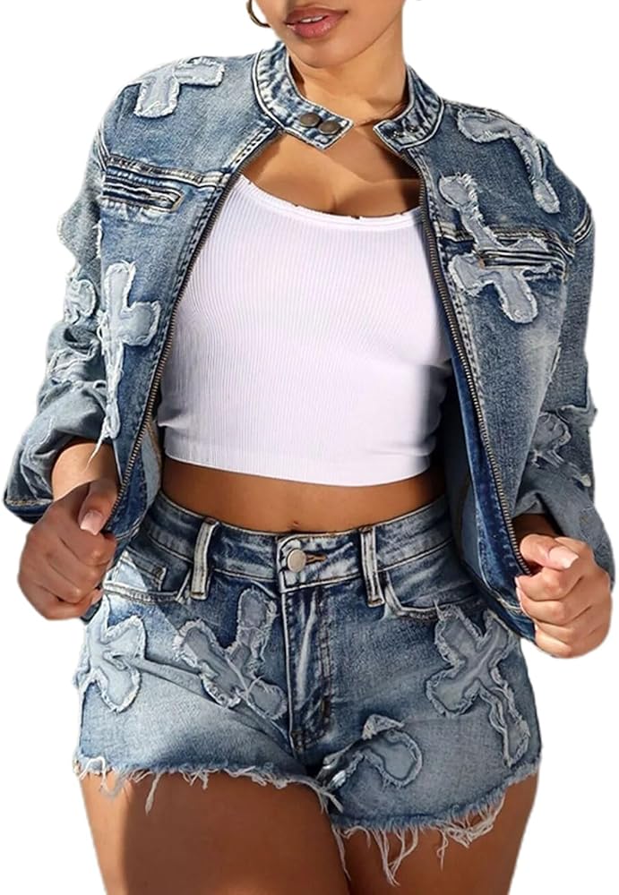 KANSOON Shorts Sets Women 2 Piece Outfits Denim Embroidery Long Sleeve Zip Crop Jacket Top Shorts Jean Tracksuit