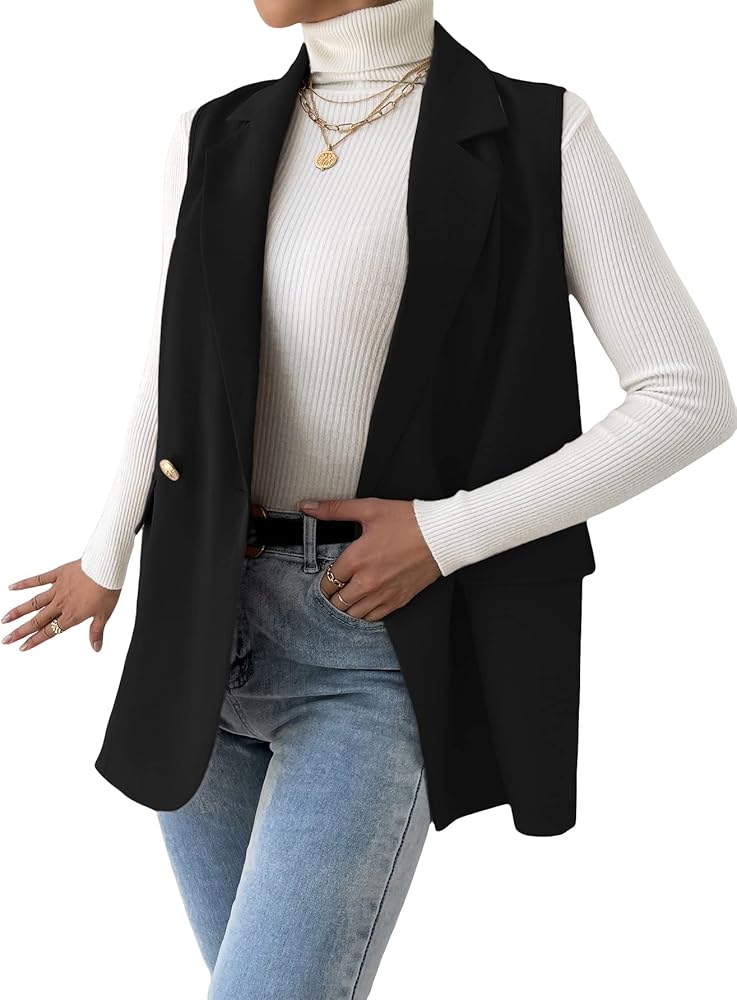 Milumia Women's Elegant Sleeveless Blazer Jackets Shawl Collar Open Front Vest Cardigan Black Plain Large