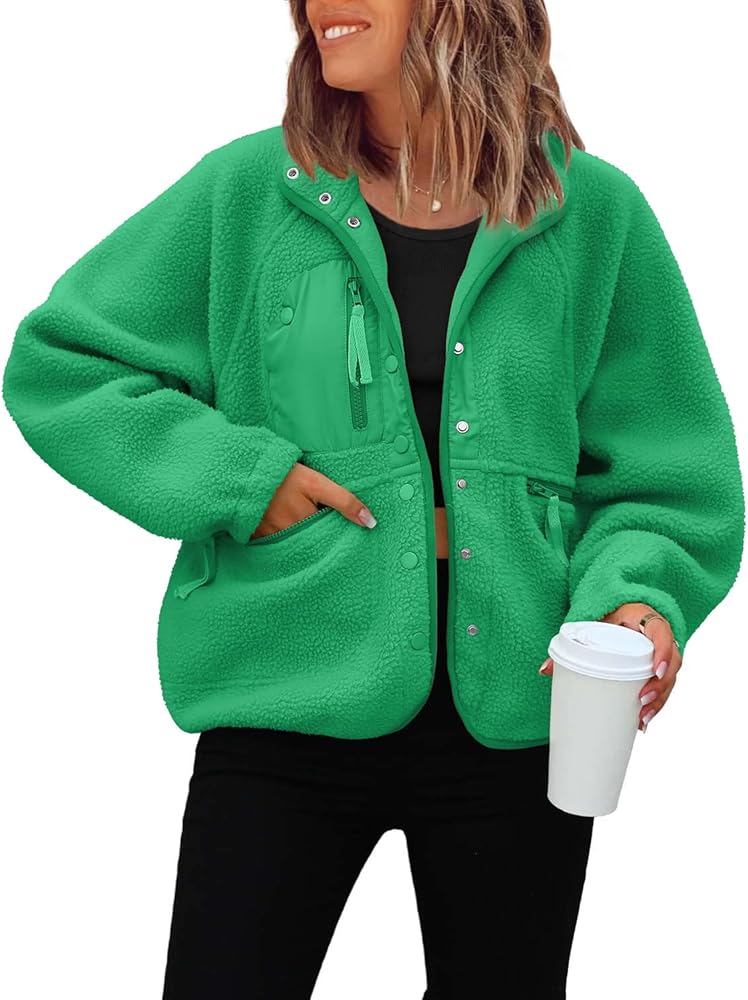 ReachMe Womens Casual Lapel Long Sleeve Sherpa Jackets Cropped Fuzzy Fleece Jacket Coats Button Down Y2K Outwear With Pockets(2 Green,M)