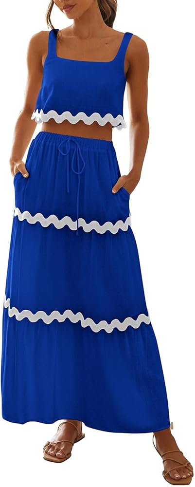 Two Piece Skirt Set For Women Trendy Summer Sleeveless Crop Tops High Waisted Maxi Skirt Sets Beach Vacation Outfits