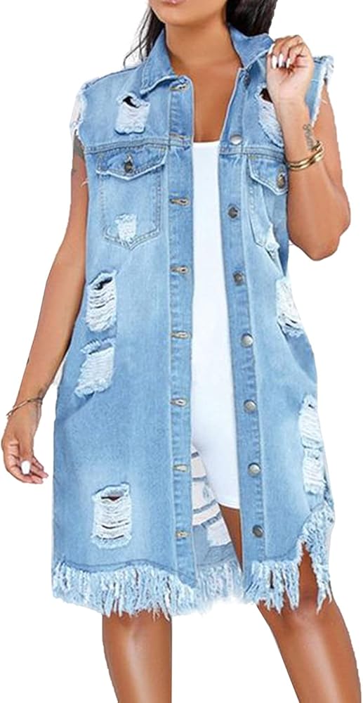 Kissonic Women's Button Up Ripped holes Denim Jean Vest Mid Long Sleeveless Jacket Waistcoat