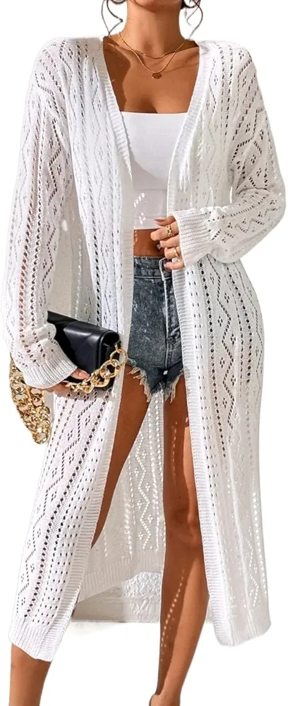 Swimsuit Coverup for Women Hollow Out Drop Shoulder Kimono Swimsuit Coverup for Women (Color : White, Size : Small)