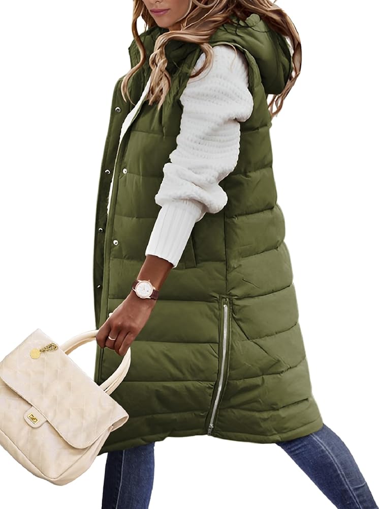 Puffer Vest for Women Long Down Hooded Vest Womens Sleeveless Zip Up Jacket Winter Thick Coats with Pockets