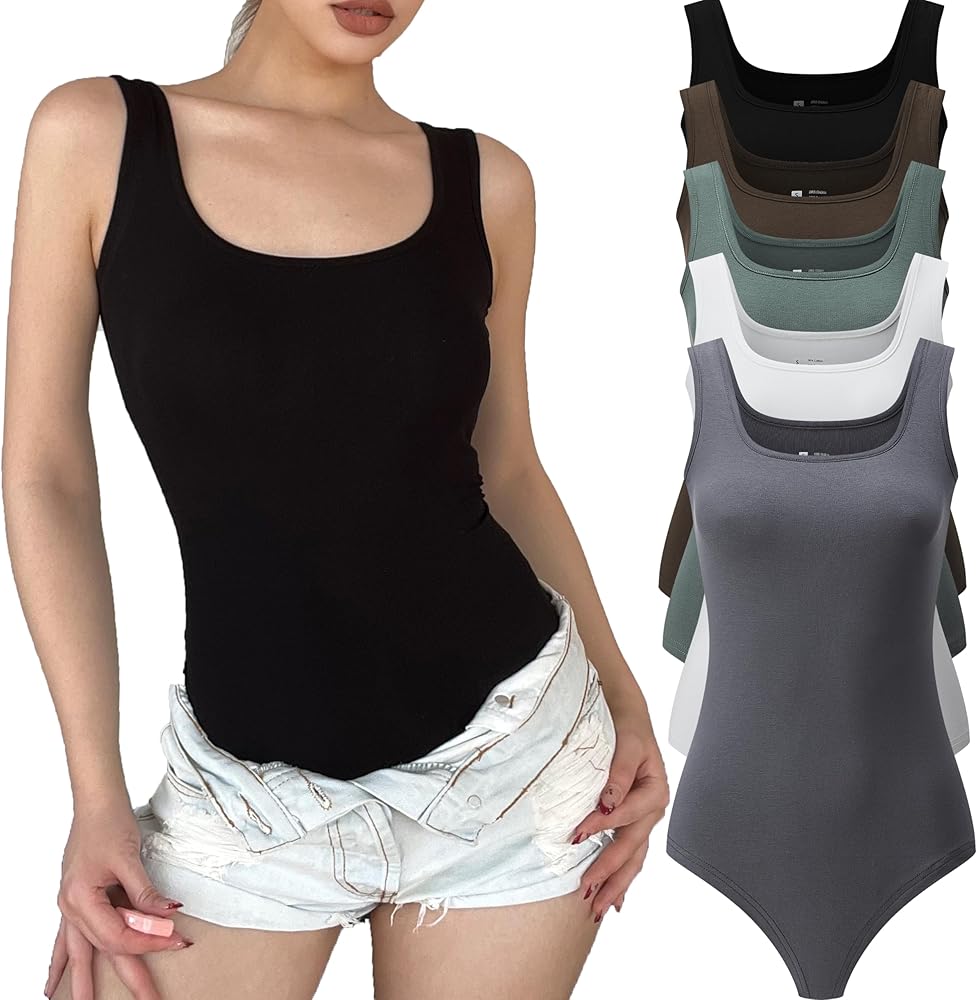 5 Pack Tank Top Bodysuit for Women Sexy Scoop Neck Sleeveless Tank Tops Bodysuits Thong Bodysuit