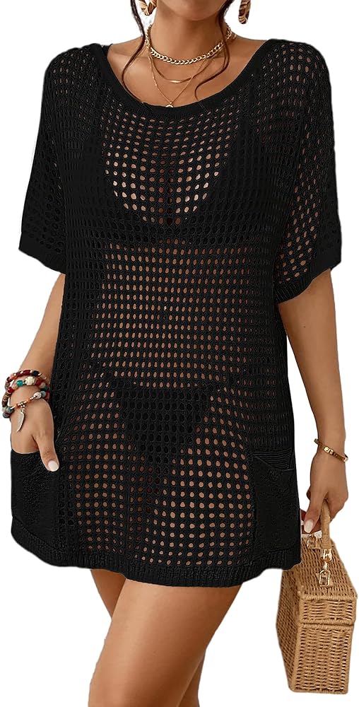 Bsubseach Crochet Swimsuit Coverup for Women Hollow Out Bikini Swimwear Mesh Knit Beach Dress with Pockets