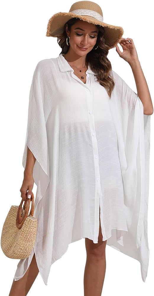 Women Swimsuit Cover Up Button Down V Neck Half Sleeve Loose Beach Cover Ups Swimwear Shirts