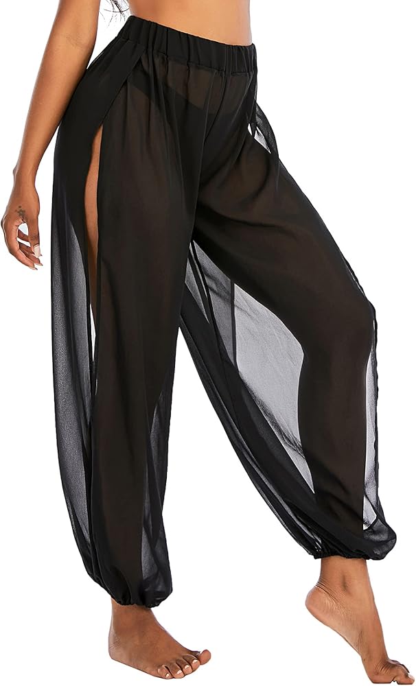 American Trends Sheer Beach Pants Mesh Swimsuit Cover Up Pants for Women High Slit See Through Harem Pants