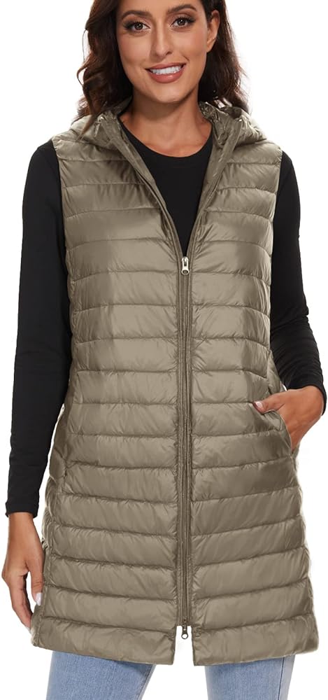 ELFJOY Long Puffer Vest Women Lightweight Down Vest with Hood Winter Warm Womens Vests Outerwear Sleeveless Puffer Jacket