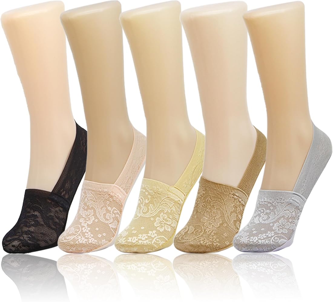 Women's Lace No Show Socks Ultra Low Cut Boat Liner Socks Non Slip Cotton Bottom Hidden Invisible for Flats 5 Pairs