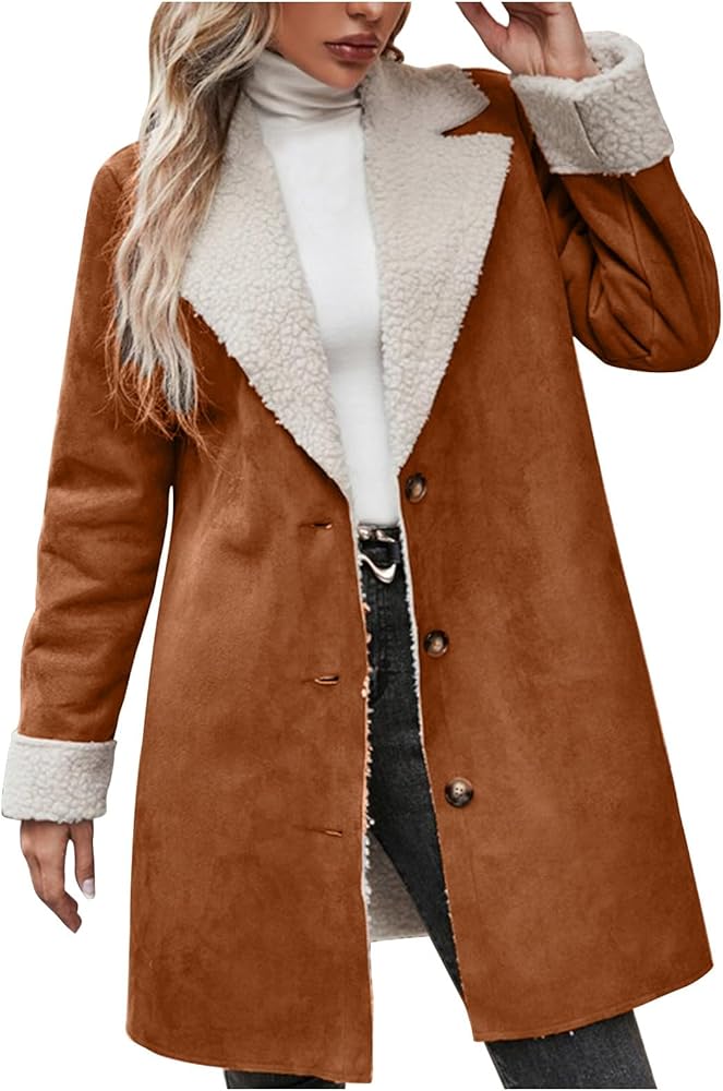 Womens Fleece Lined Jackets 2023 Winter Suede Coats Thickened Warm Sherpa Pea Coats Notch Lapel Vintage Outerwear