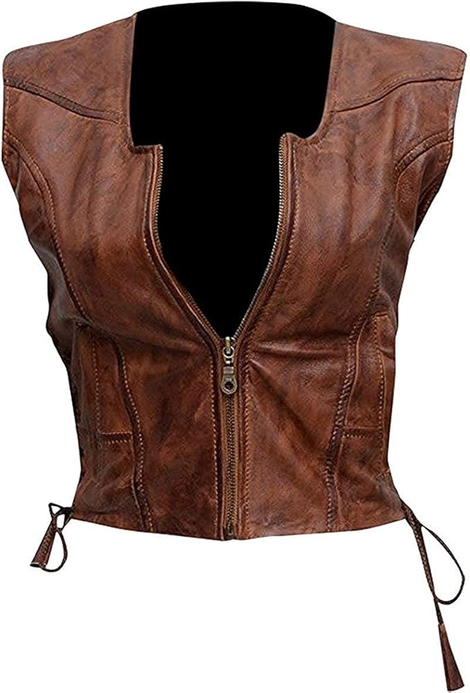 Women's Brown Michonne Leather Vest - Walking Dead Biker Motorcycle Faux Leather Vest