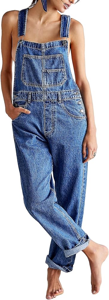 Owl's-Yard Long Denim Jumpsuit for Women Baggy Denim Bib Overalls Loose Fit Jean Jumpsuit Stretchy Pants Romper