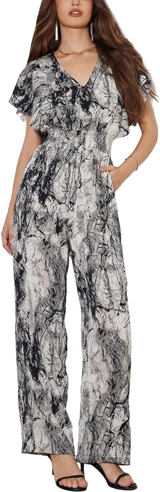 2024 Women Floral Jumpsuits Short Sleeve Rompers High Waist Pockets Fashion Casual Jumpsuit Wide Leg Pant