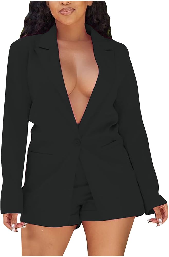 Ladies Blazer Shorts Set Trendy 2023 One Button Long Sleeve Open Front Blazers and High Waist Shorts Suit Sets