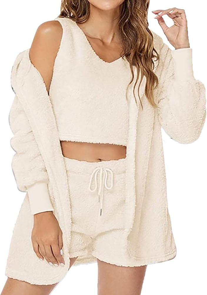 Workout Set Women Winter Fashion Warm Three Pieces Suit Soft Warm Flannel Shorts Pajamas Set Cute Cute Clothes