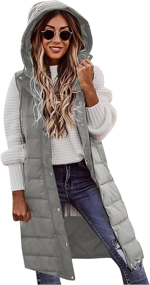 Women's Long Puffer Vest Sleeveless Zip Up Hoodie Jackets Lightweight Quilted Down Jacket Winter Coats with Pockets