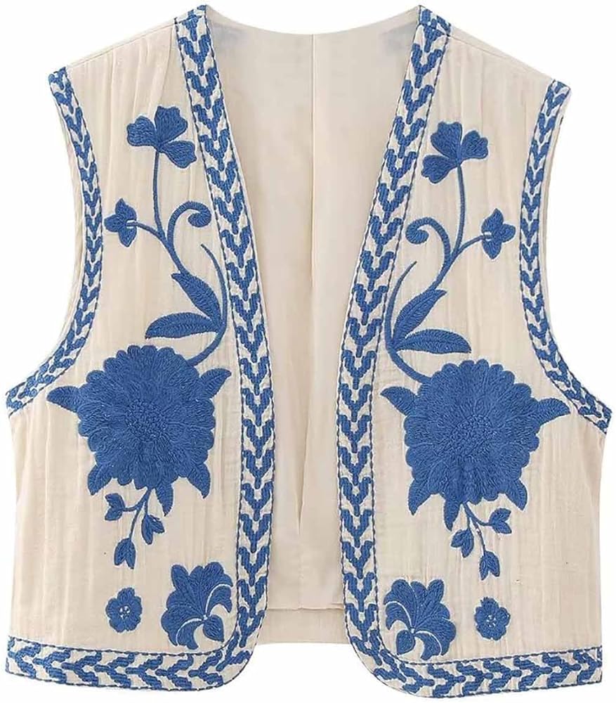 Boho Embroidered Vest for Women Spring Fall Retro Ethnic Floral Sleeveless Jacket Stylish Beach Cardigan for Dress