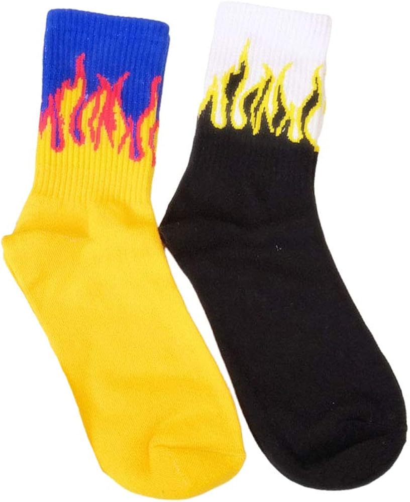 KESYOO Socks 2 Pair Flame Pattern Cotton Socks Stockings Fashion Breathable Stockings Medium Tube Socks Clothes Accessory(Black+ Yellow)