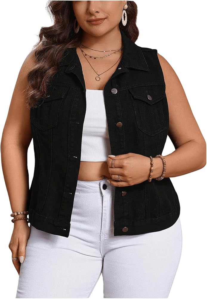 MakeMeChic Women's Plus Size Denim Jackets Collar Neck Sleeveless Button Down Vest Outwear