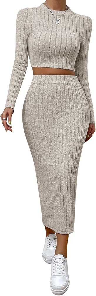 MakeMeChic Women's 2 Piece Outfit Ribbed Knit Long Sleeve Crop Top Tee Shirt Split Long Skirt Set