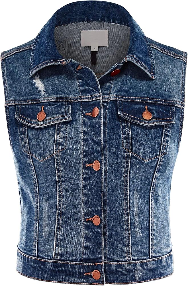 Women's Slim FIt Stretchable Sleeveless Crop Button Up Washed Denim Jean Vest Jacket With Chest Flap Pocket