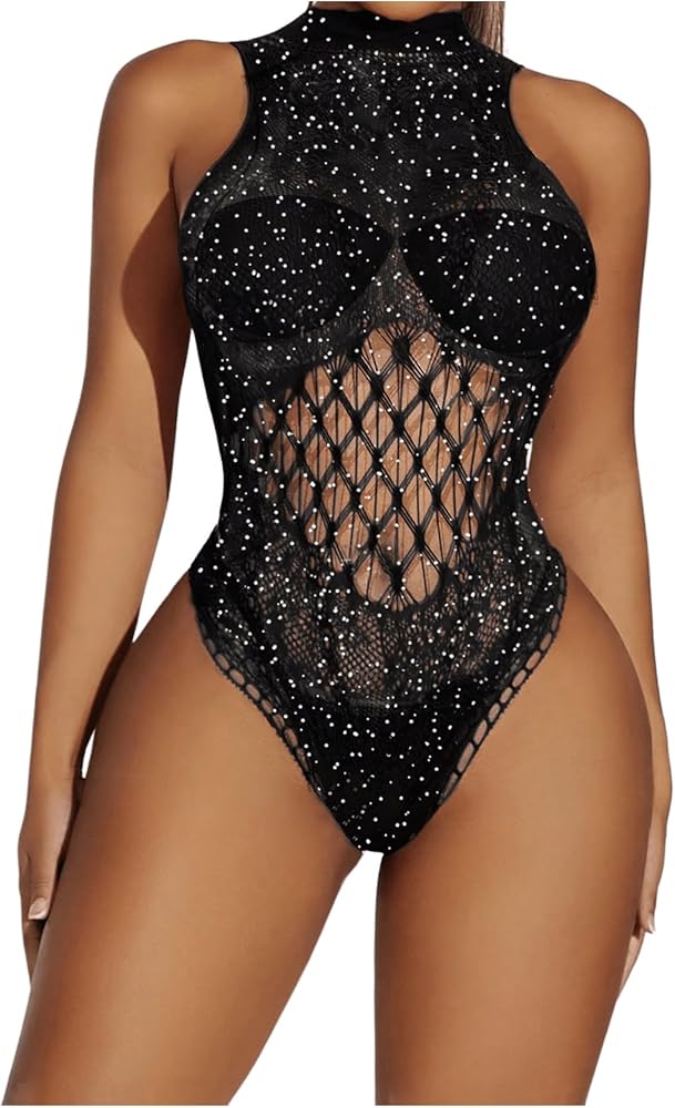 Milumia Women's Sexy Rhinestone Fishnet Bodysuits Sleeveless Sparkly Sheer Mesh One Piece Tank Tops