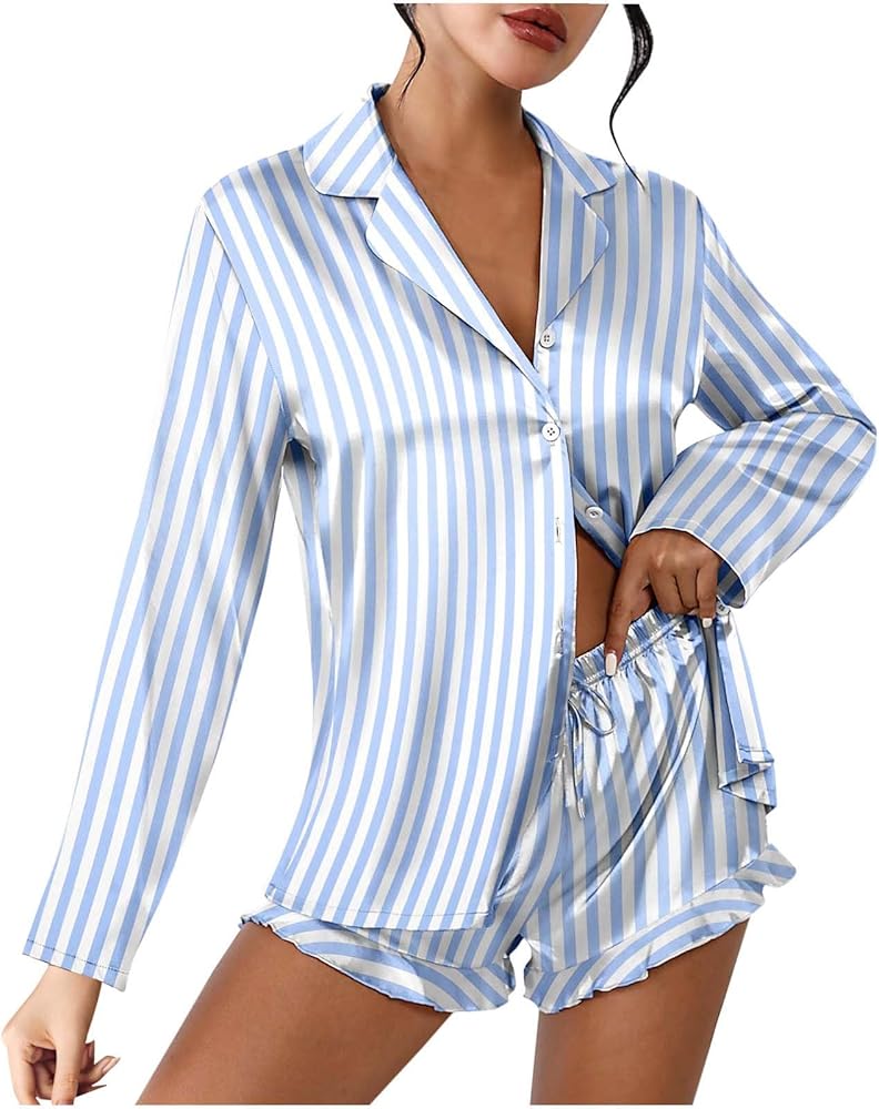 Women's 2 Piece Outfits Trendy Stripes Print Long Sleeve Button Down Shirts Elastic Waist Shorts Lounge Matching Set